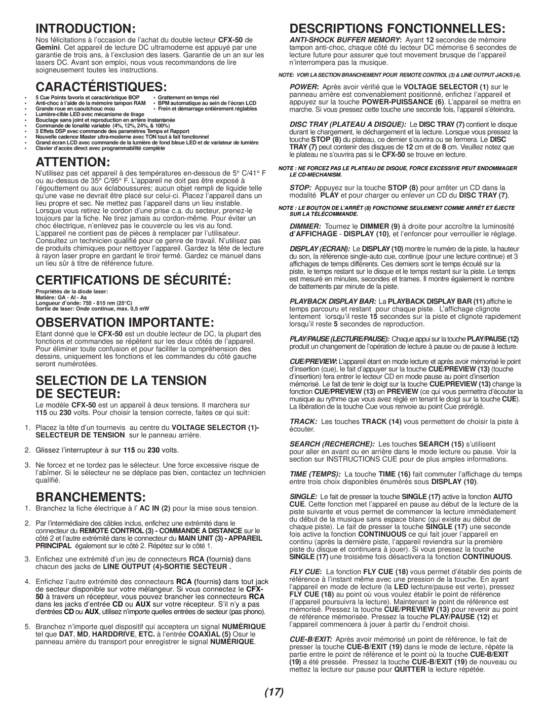 Gemini CFX-50 Caractéristiques, Certifications DE Sécurité, Observation Importante, Selection DE LA Tension DE Secteur 