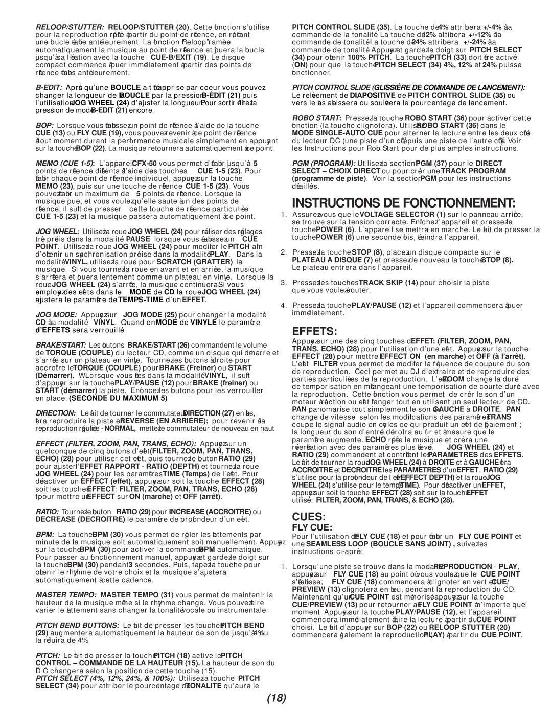 Gemini CFX-50 manual Instructions DE Fonctionnement, Effets 