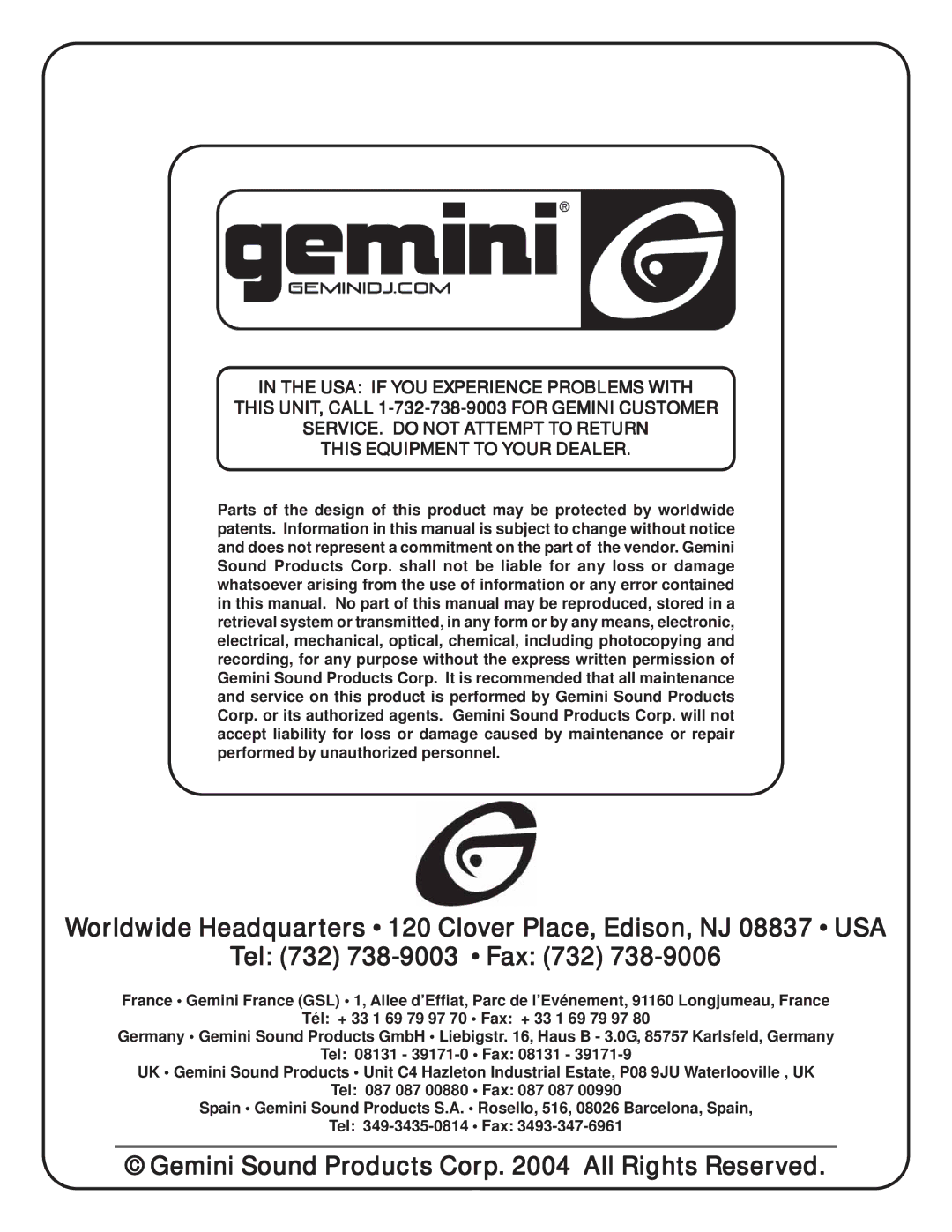 Gemini CFX-50 manual Gemini Sound Products Corp All Rights Reserved 