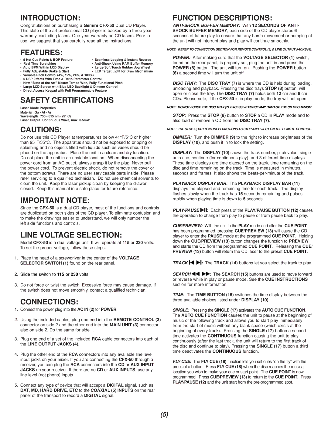 Gemini CFX-50 manual Introduction, Features, Safety Certifications, Important Note, Line Voltage Selection, Connections 