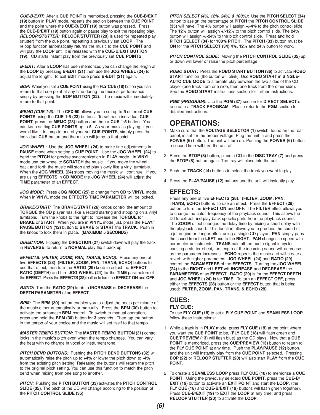 Gemini CFX-50 manual Operations, Effects, Cues, Fly Cue 