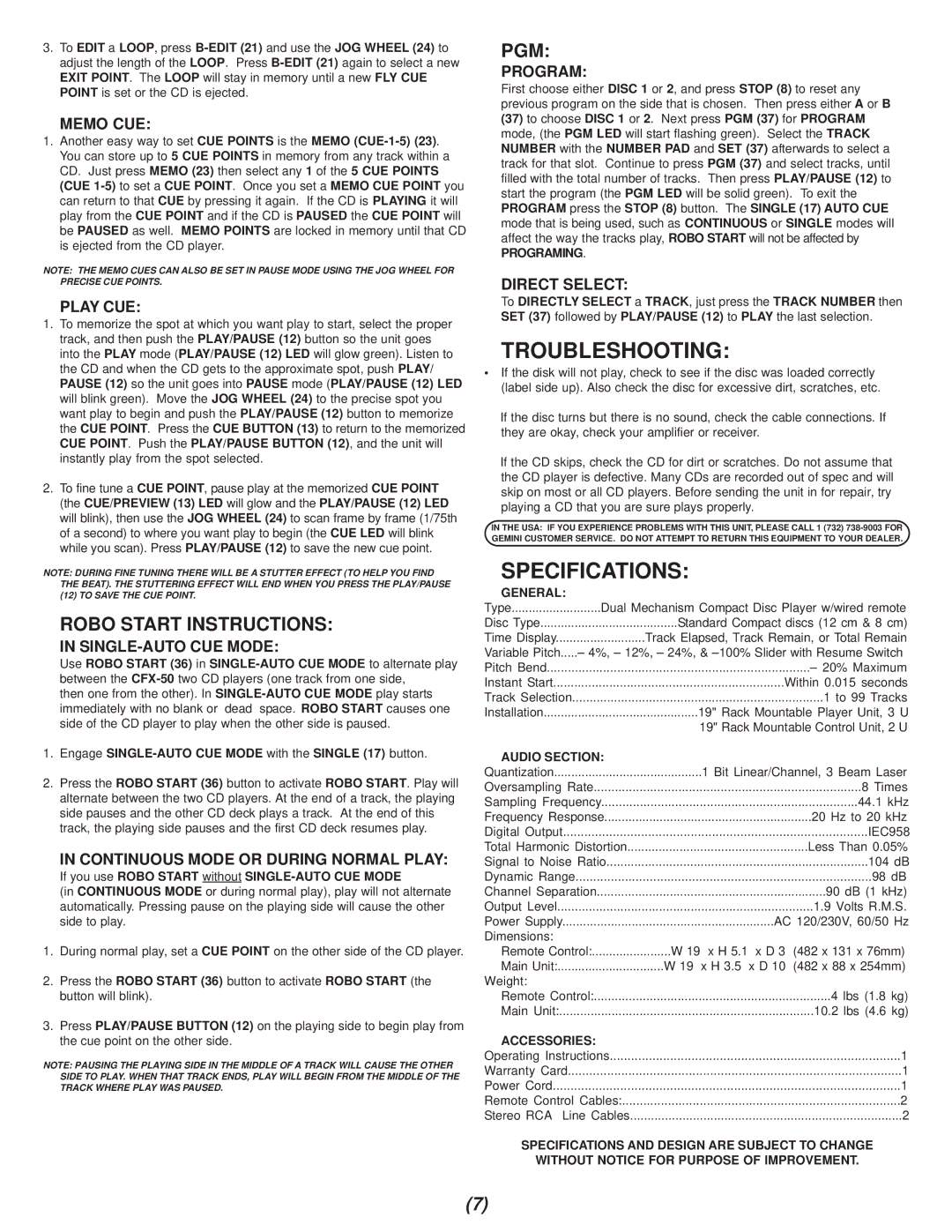 Gemini CFX-50 manual Troubleshooting, Specifications, Robo Start Instructions, Pgm 