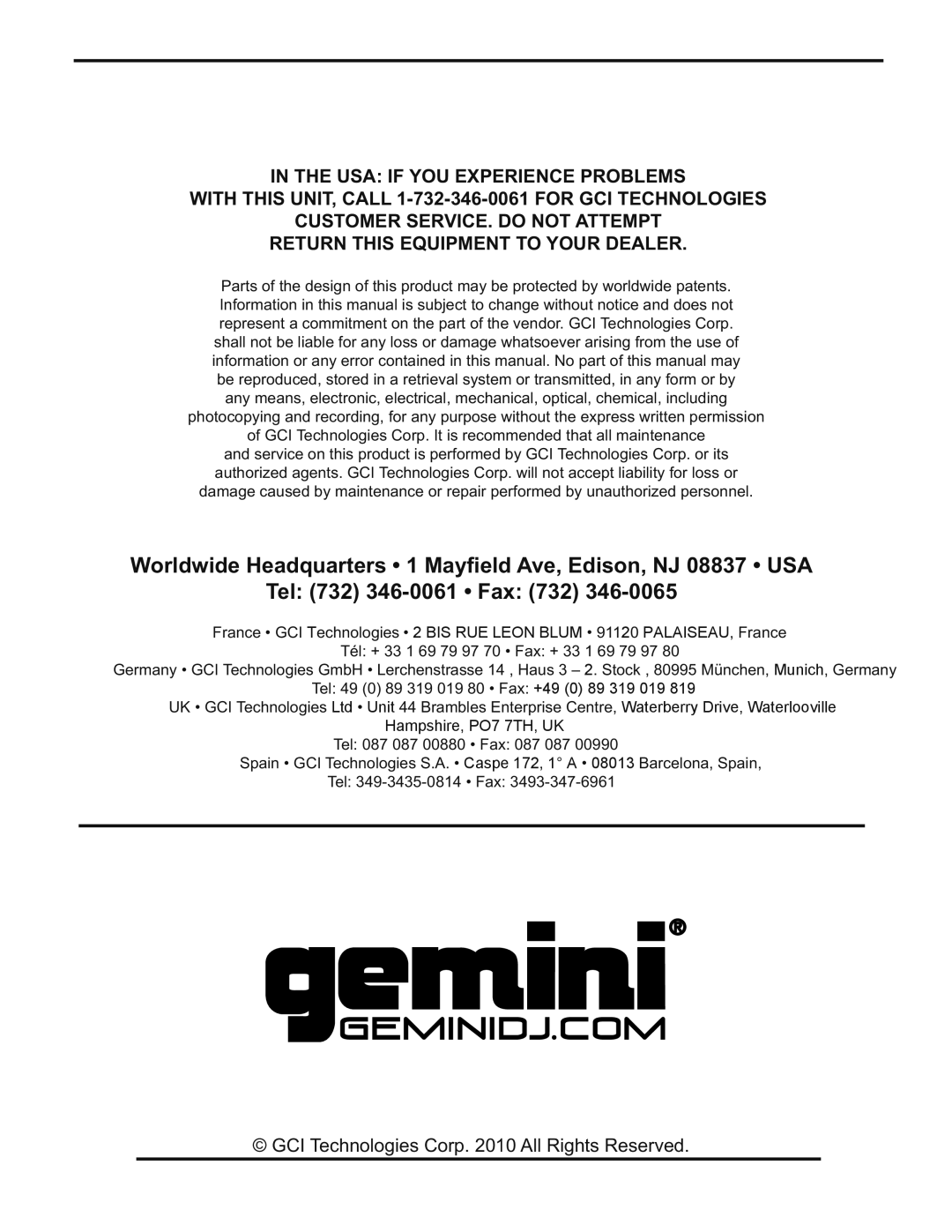 Gemini CTRL-ONE manual GCI Technologies Corp All Rights Reserved 