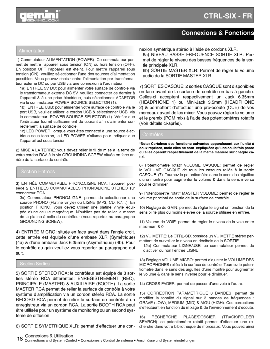 Gemini CTRL-SIX manual Connexions & Fonctions, Alimentation, Section Entrees, Contrôles 