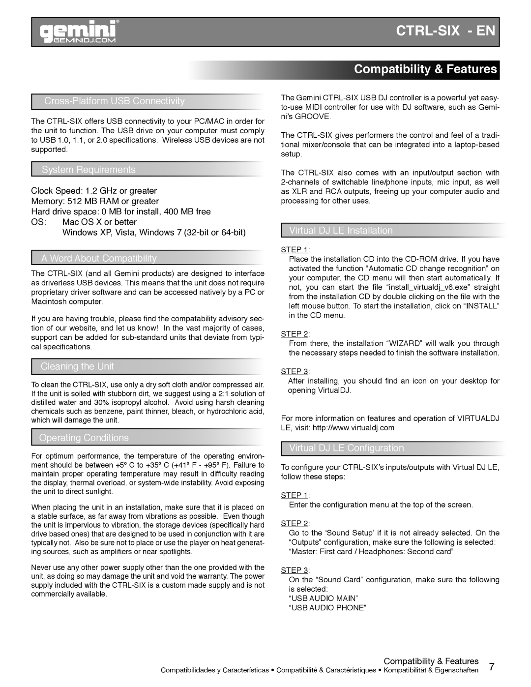 Gemini CTRL-SIX manual Compatibility & Features 