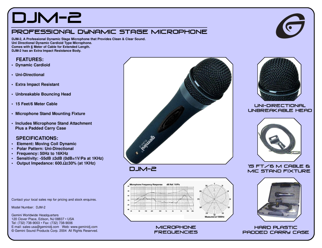 Gemini DJM-2 specifications Djm-2, Professional Dynamic Stage Microphone, Features, Specifications 