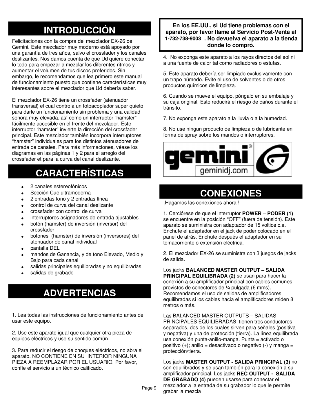 Gemini EX-26 manual Introducción, Características, Advertencias, Conexiones 