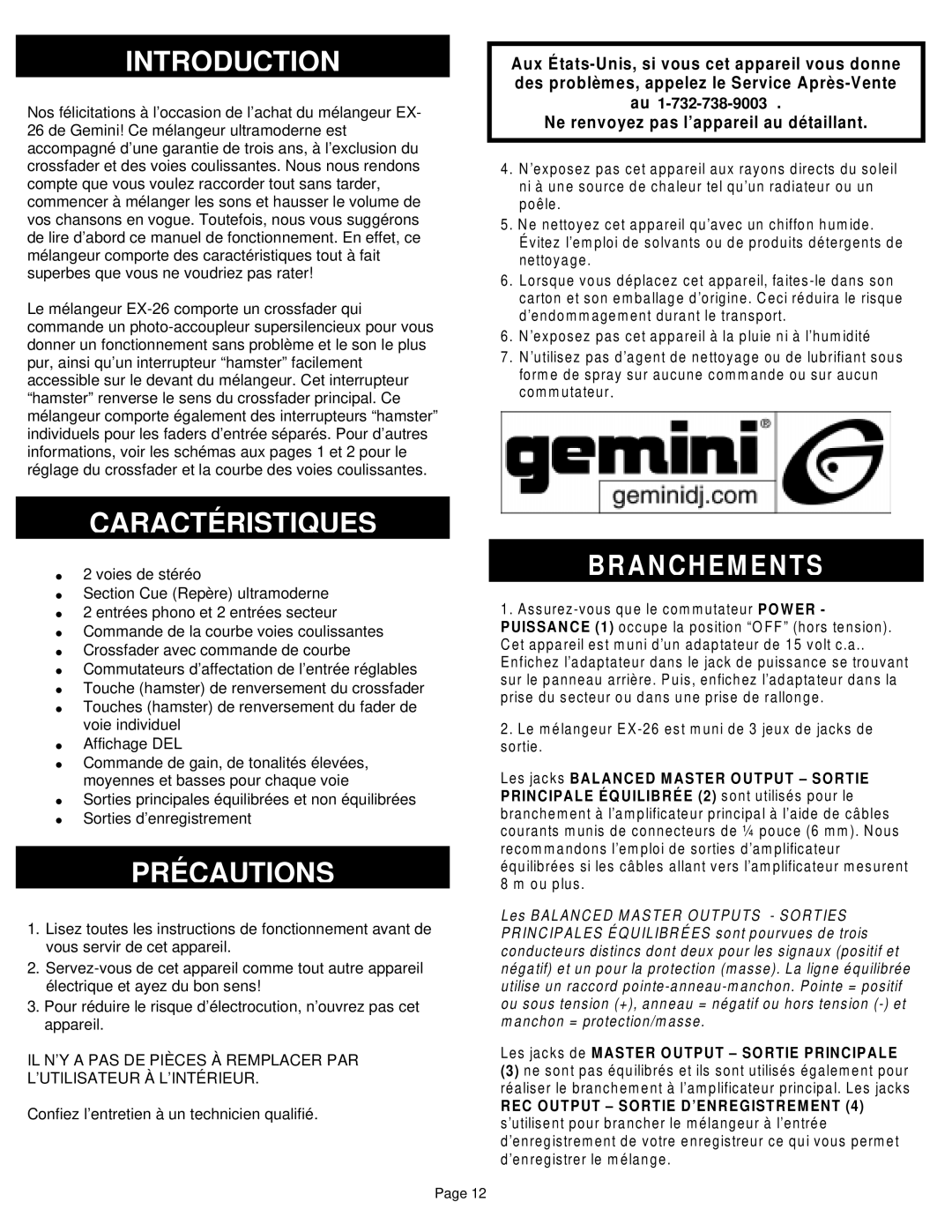 Gemini EX-26 manual Introduction, Caractéristiques, Précautions 