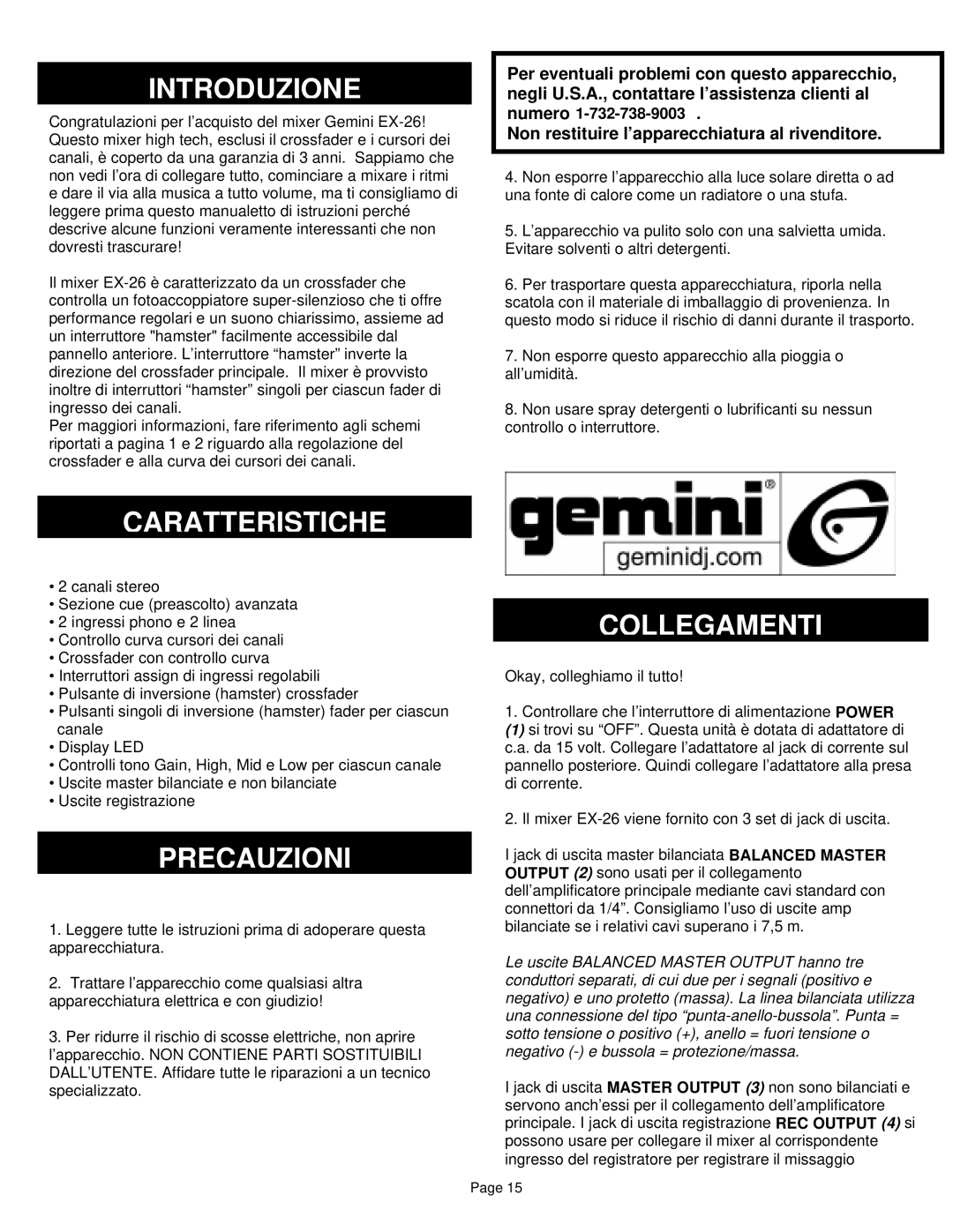 Gemini EX-26 manual Introduzione, Caratteristiche, Precauzioni, Collegamenti 