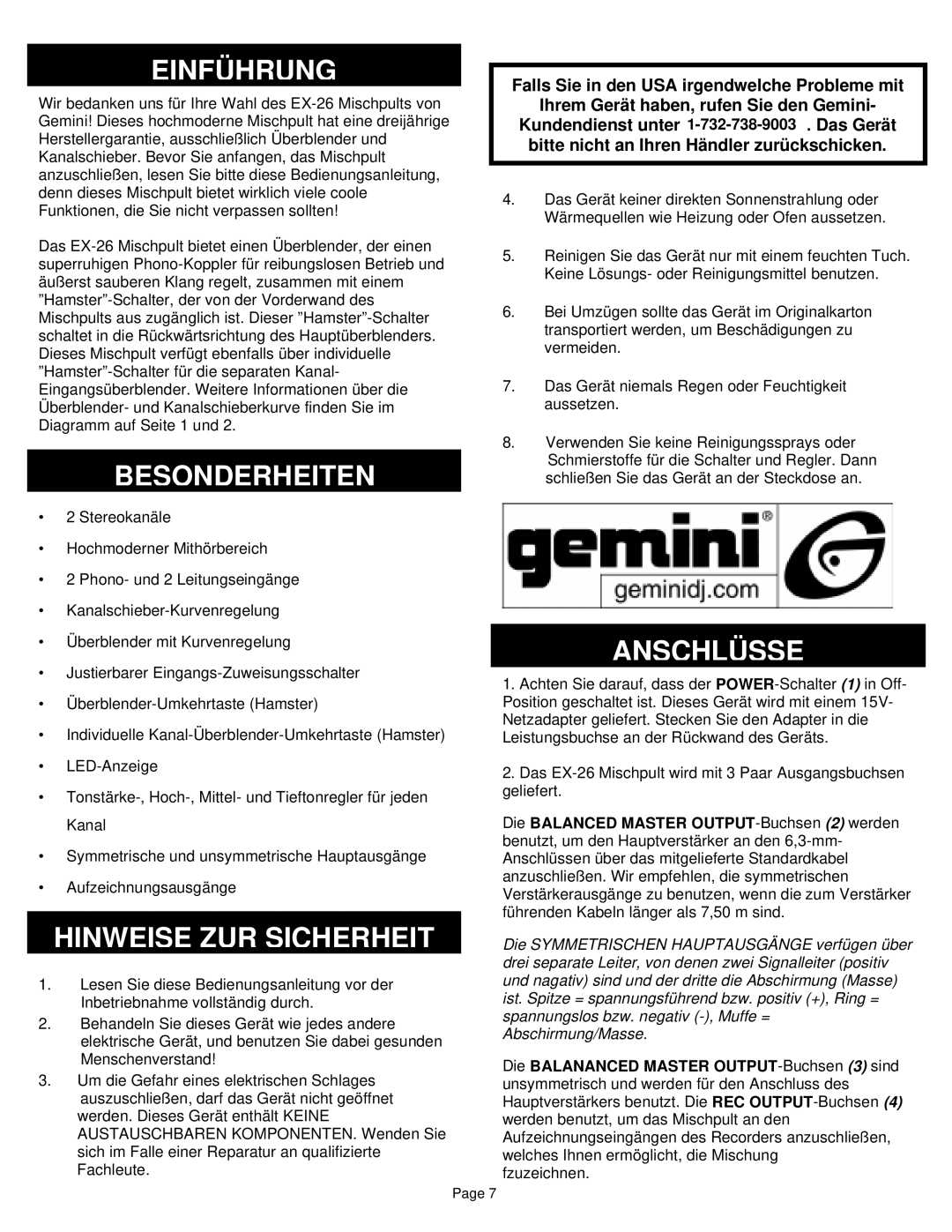 Gemini EX-26 manual Einführung, Besonderheiten, Hinweise ZUR Sicherheit, Anschlüsse 