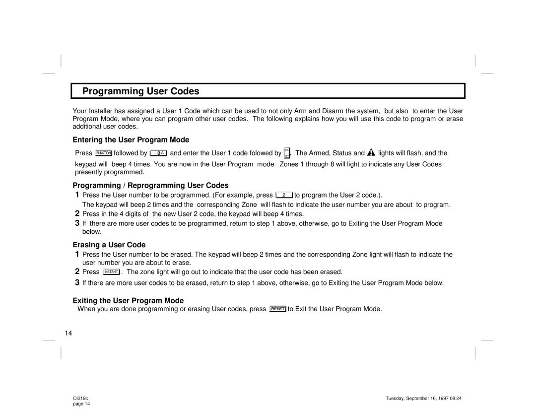 Gemini GEM-P800 manual Programming User Codes, Entering the User Program Mode 