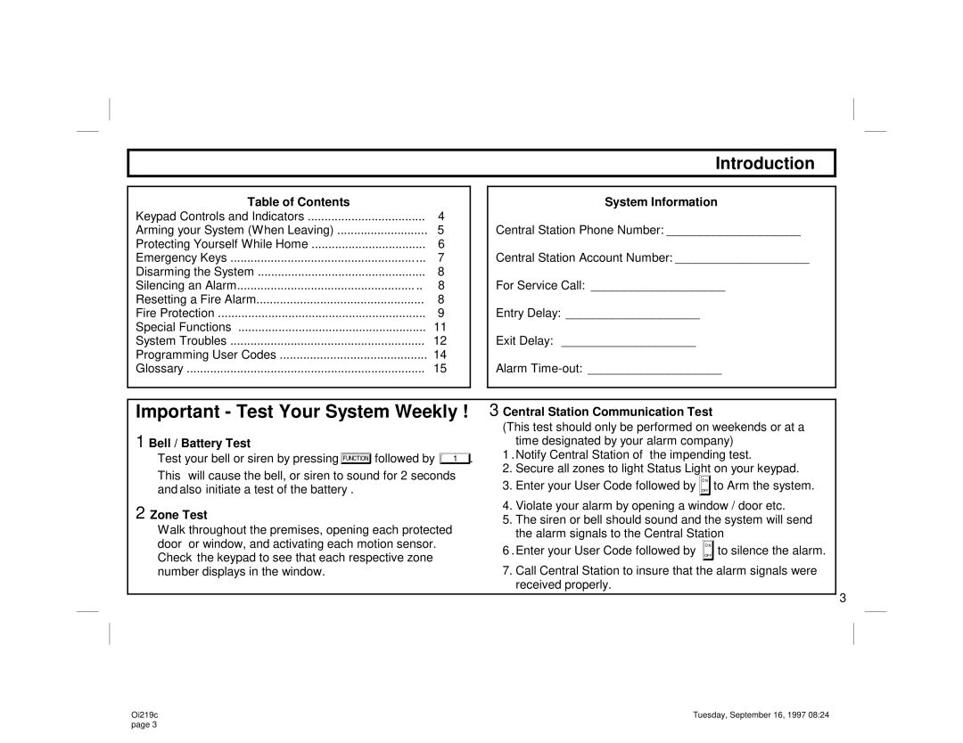 Gemini GEM-P800 Table of Contents, System Information, Bell / Battery Test, Zone Test, Central Station Communication Test 