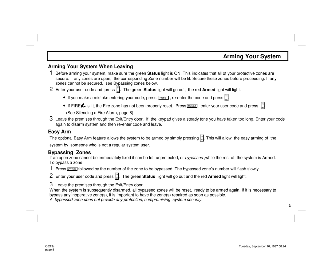 Gemini GEM-P800 manual Arming Your System When Leaving, Easy Arm, Bypassing Zones 