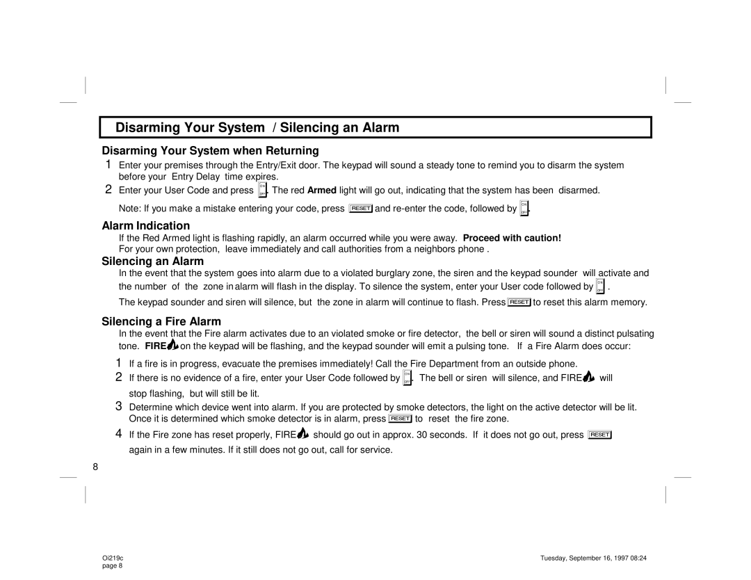 Gemini GEM-P800 manual Disarming Your System / Silencing an Alarm, Disarming Your System when Returning, Alarm Indication 