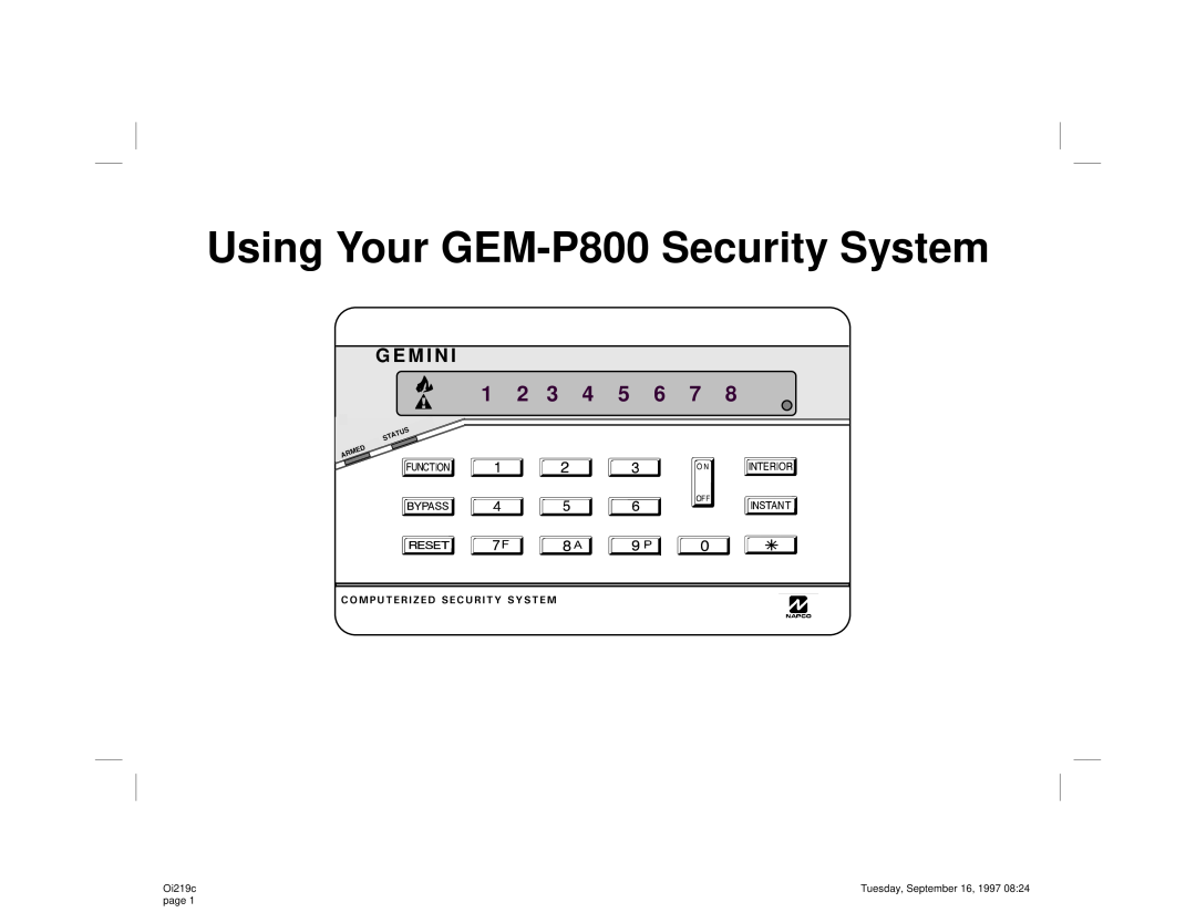 Gemini manual G E M I N, 20387, Using Your GEM-P800Security System, Oi219c, page, Tuesday, September, 1 2 3 