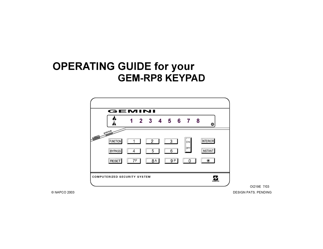 Gemini GEM-RP8 manual Operating Guide for your, 5 6 J 8 9 0 G 