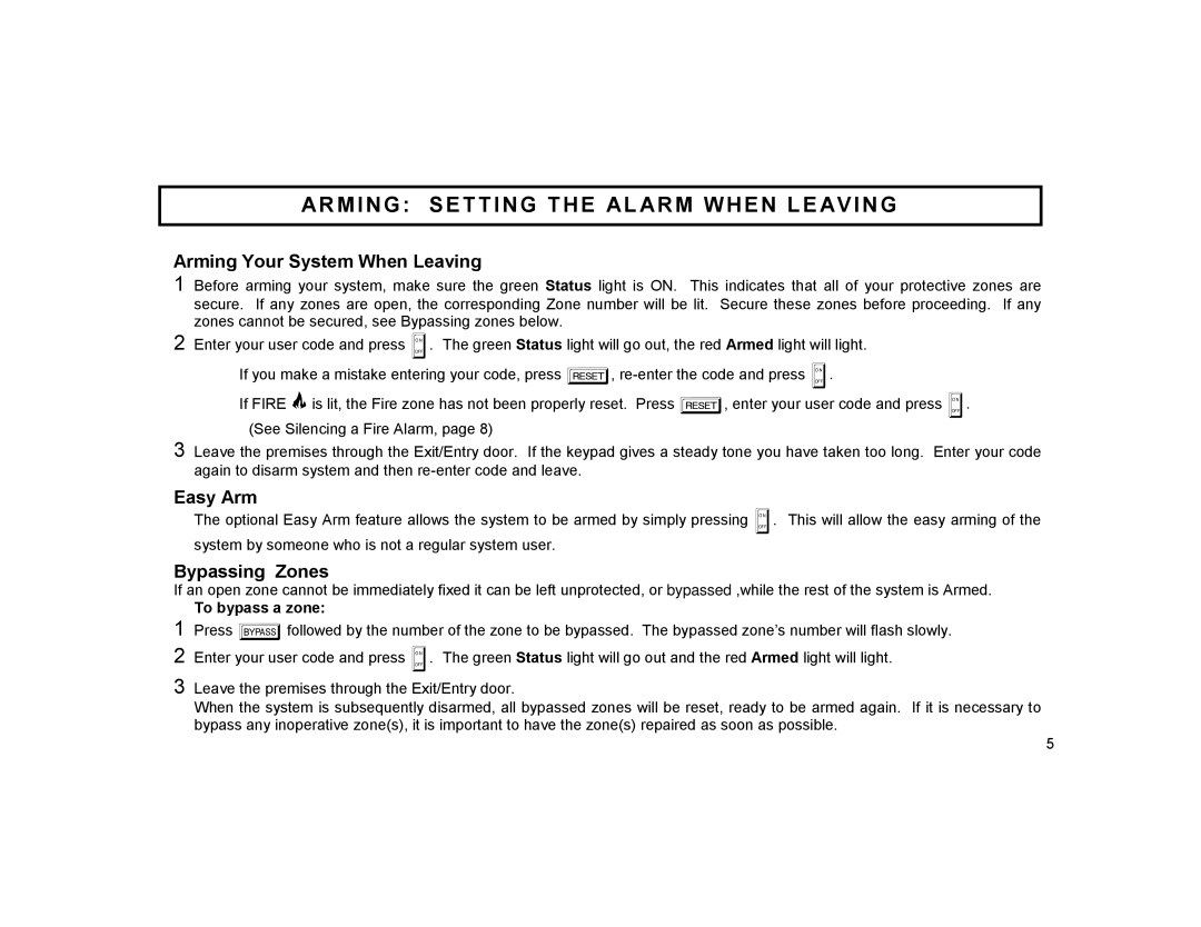 Gemini GEM-RP8 manual Arming Setting the Alarm When Leaving, Arming Your System When Leaving, Easy Arm, Bypassing Zones 