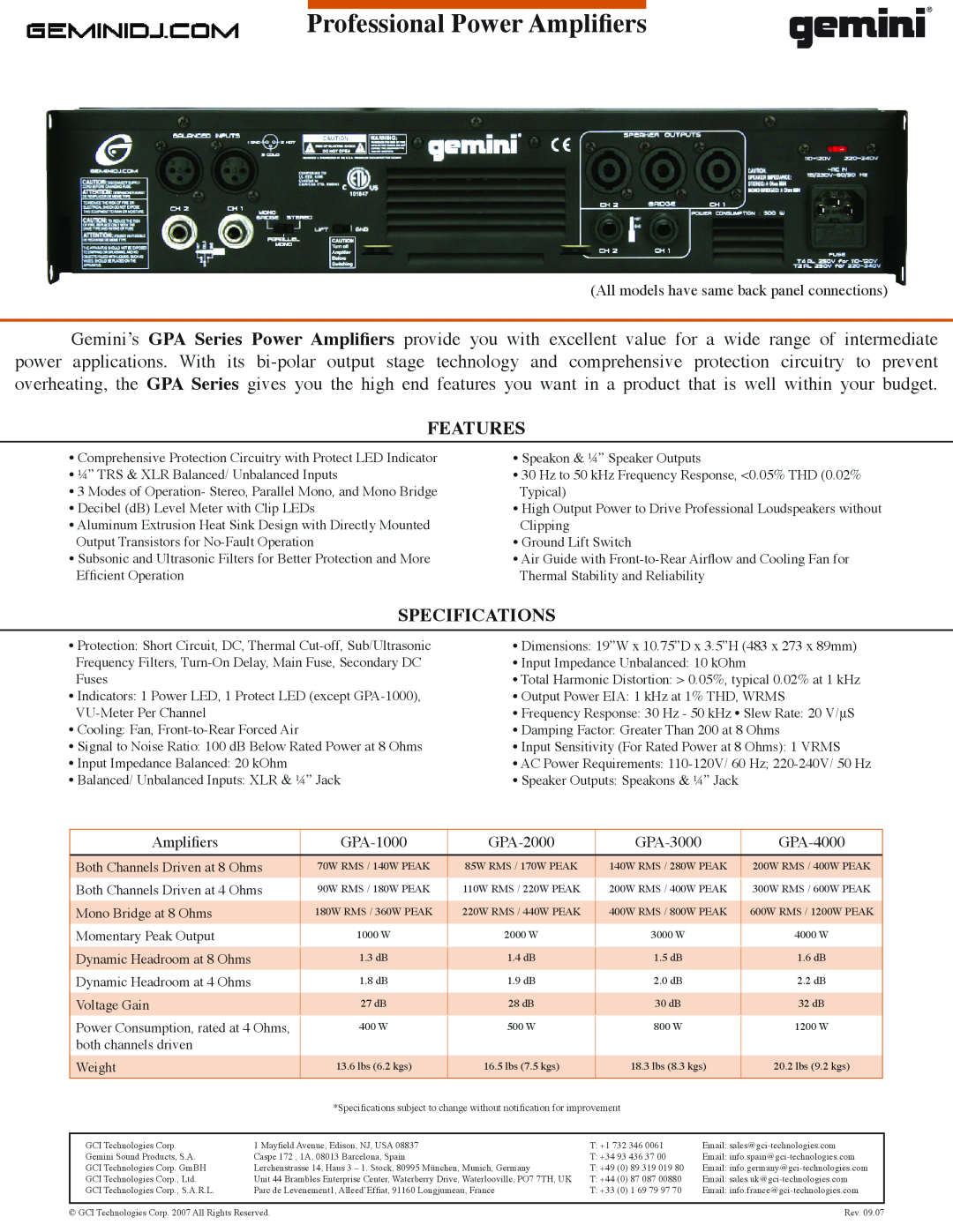 Gemini GPA-2000 manual Professional Power Amplifiers, Features, Specifications, All models have same back panel connections 