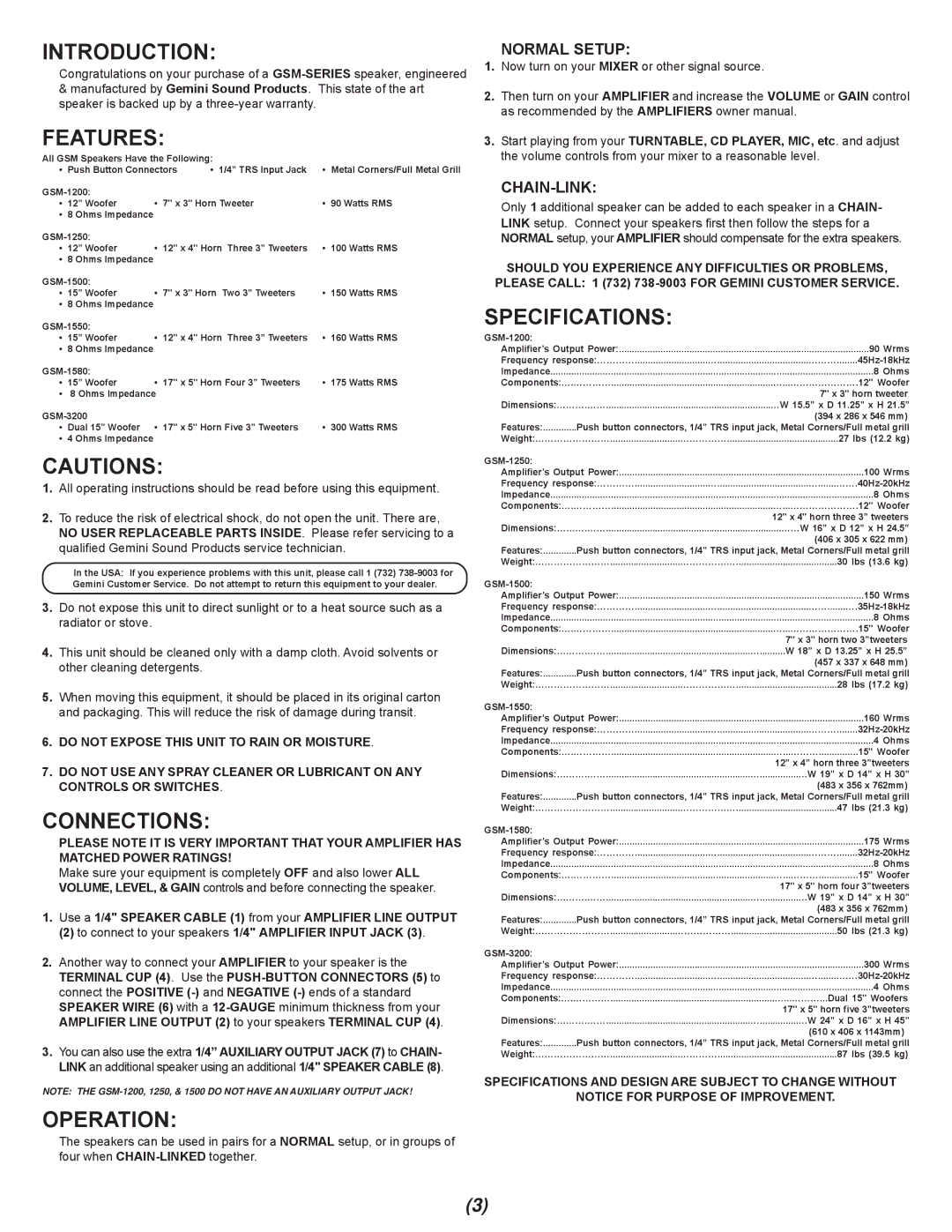 Gemini GSM-1200, GSM-3200, GSM-1580, GSM-1250 manual Introduction, Features, Connections, Operation, Specifications 