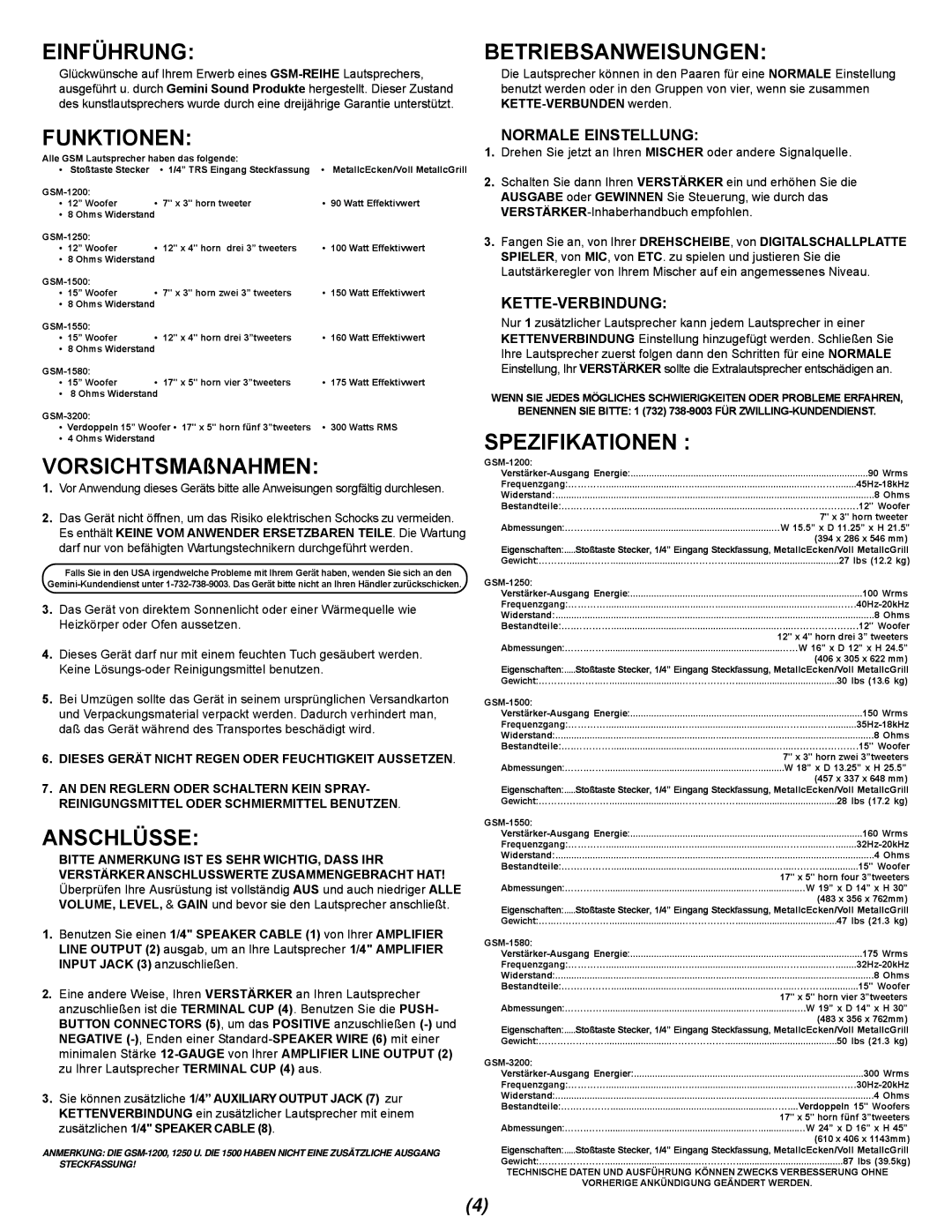 Gemini GSM-1200, GSM-1250, GSM-1500, GSM-1550, GSM-1580, GSM-3200 Einführung, Betriebsanweisungen, Funktionen, Anschlüsse 