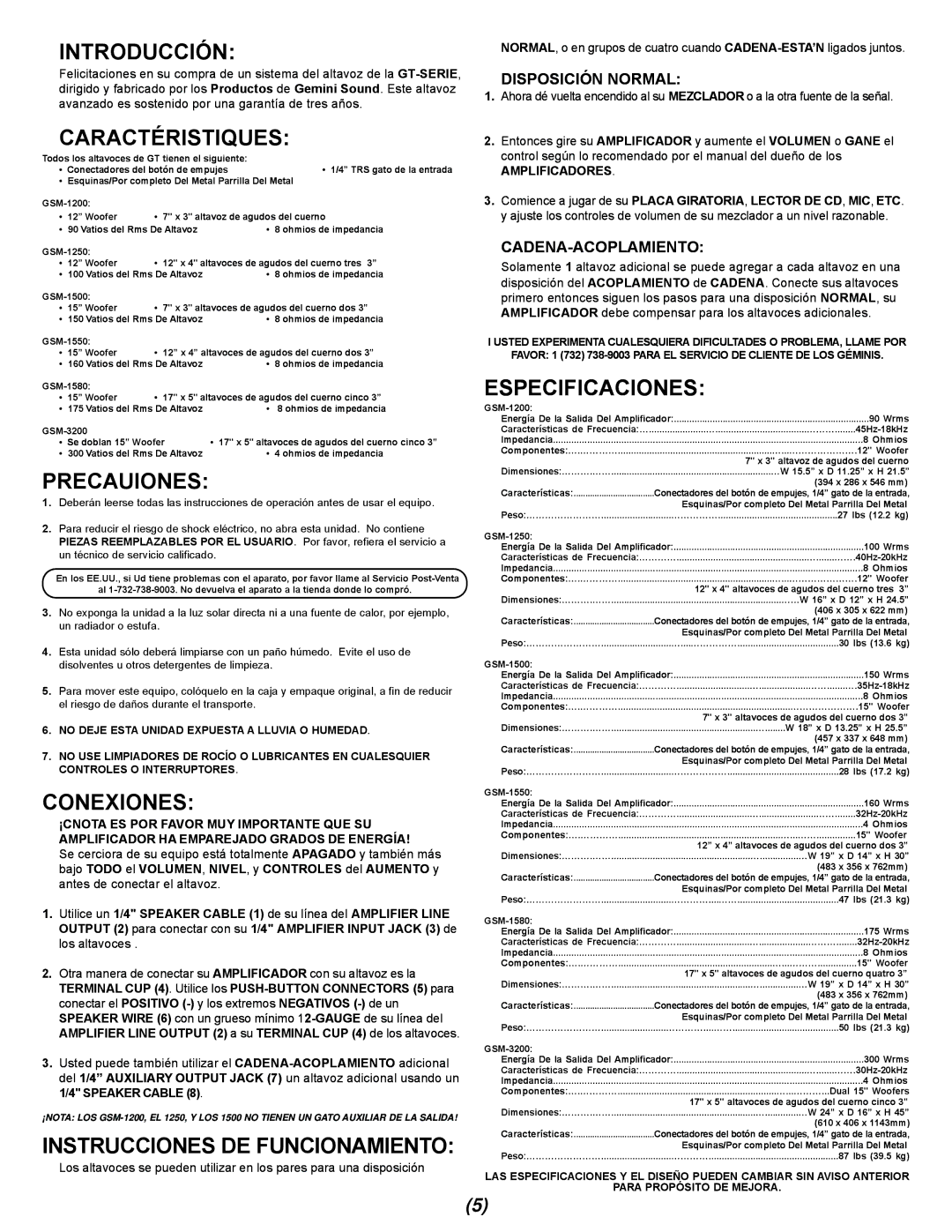 Gemini GSM-3200 Introducción, Caractéristiques, Precauiones, Conexiones, Instrucciones DE Funcionamiento, Especificaciones 