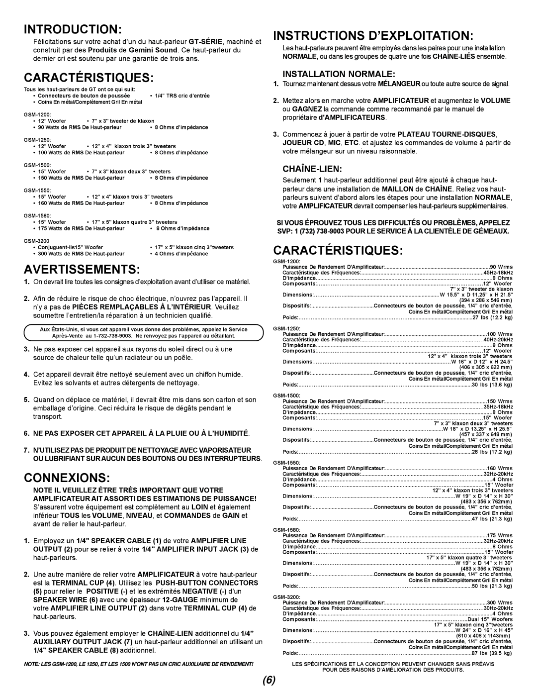 Gemini GSM-1580, GSM-3200 manual Instructions D’EXPLOITATION, Avertissements, Connexions, Installation Normale, Chaîne-Lien 