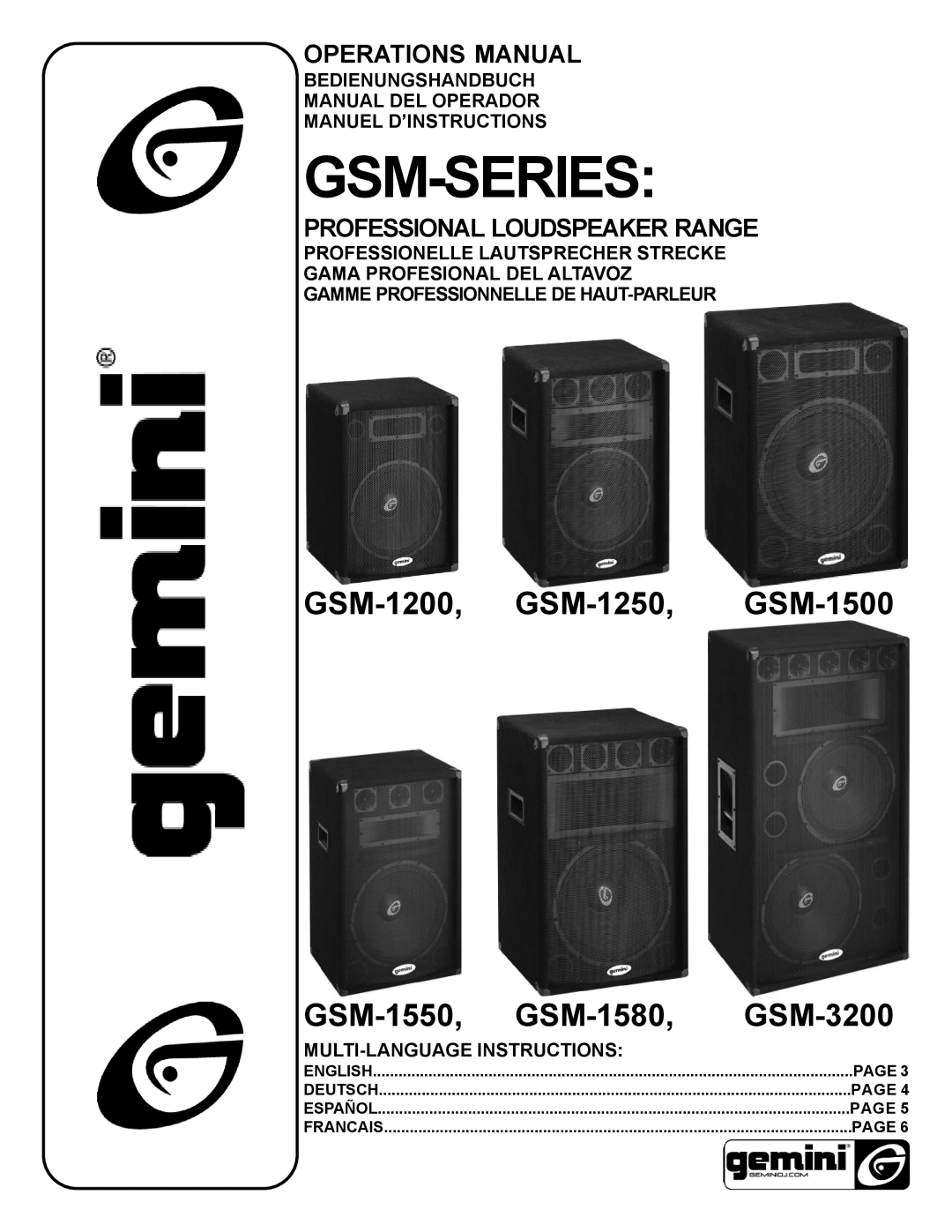 Gemini GSM-1580 manual Operations Manual, Professional Loudspeaker Range, Gamme Professionnelle De Haut-Parleur, Page 