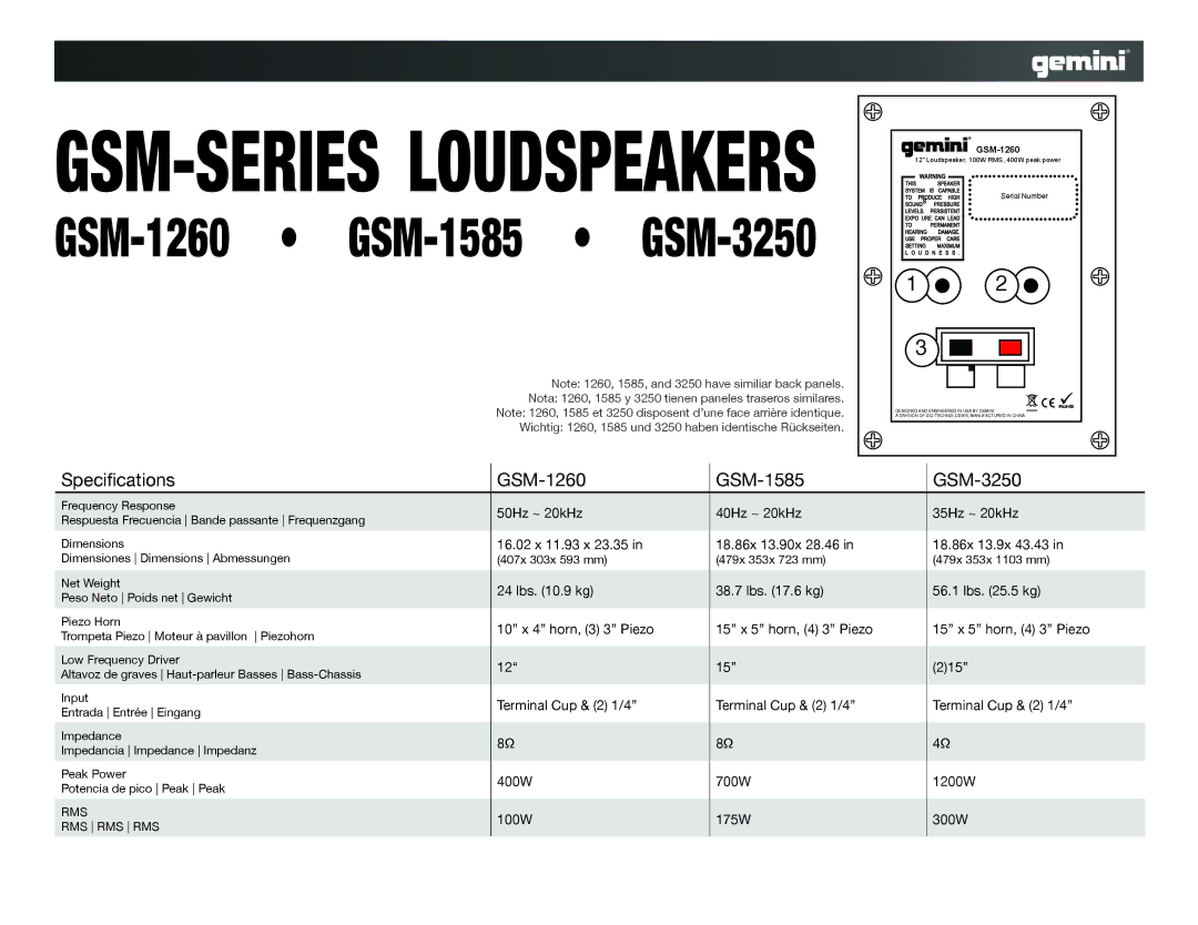 Gemini GSM-1260, GSM-3250, GSM-1585 dimensions Rms Rms Rms 