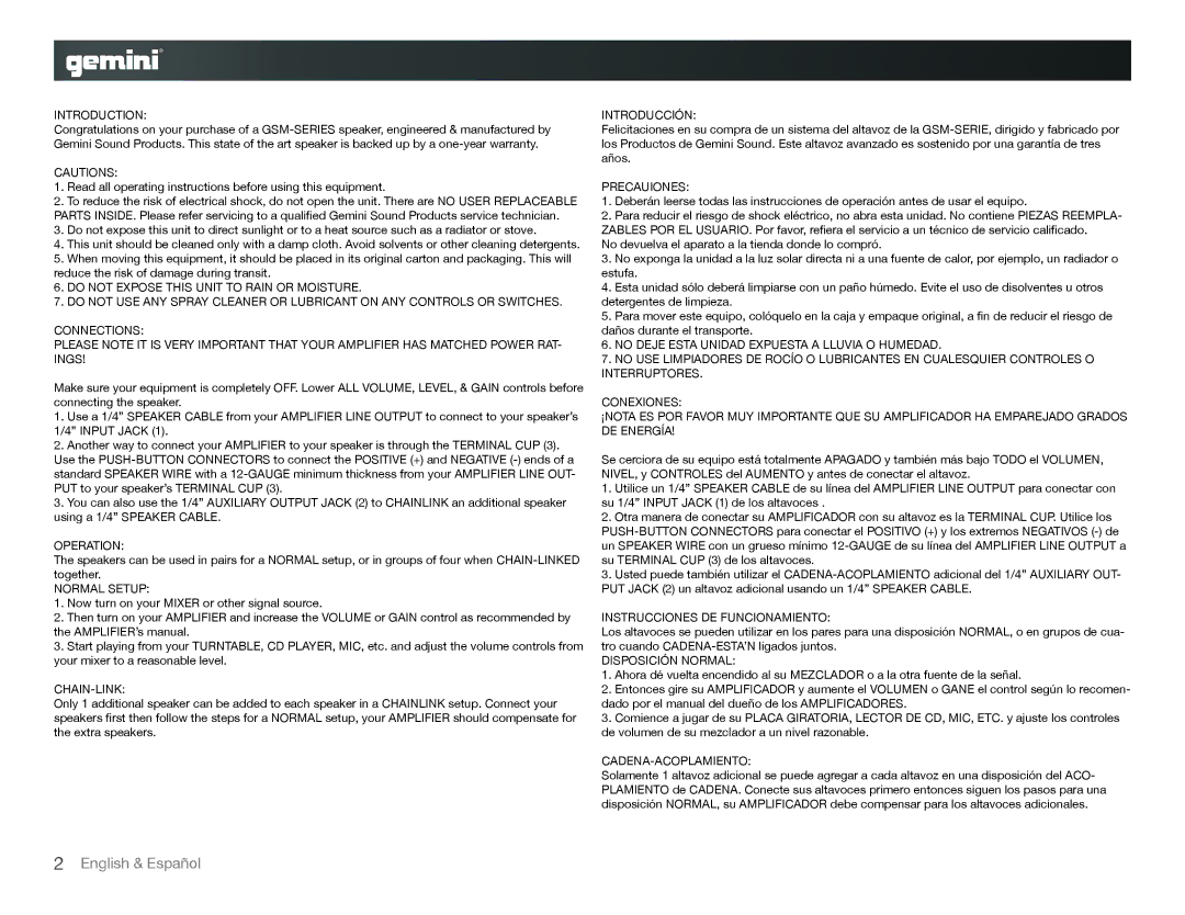 Gemini GSM-1585, GSM-3250 Introduction, Operation, Normal Setup, Chain-Link, Introducción, Precauiones, Disposición Normal 