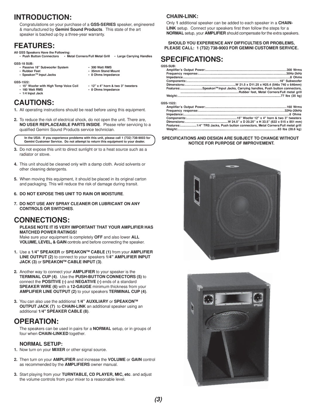 Gemini GSS-1522, GSS-18 manual Introduction, Features, Connections, Operation, Specifications 