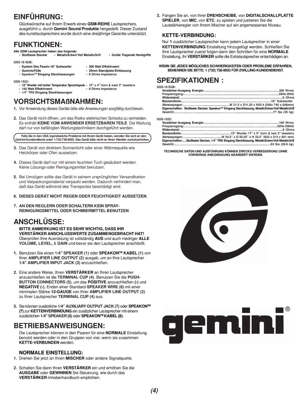 Gemini GSS-18, GSS-1522 manual Einführung, Funktionen, Anschlüsse, Betriebsanweisungen, Spezifikationen 