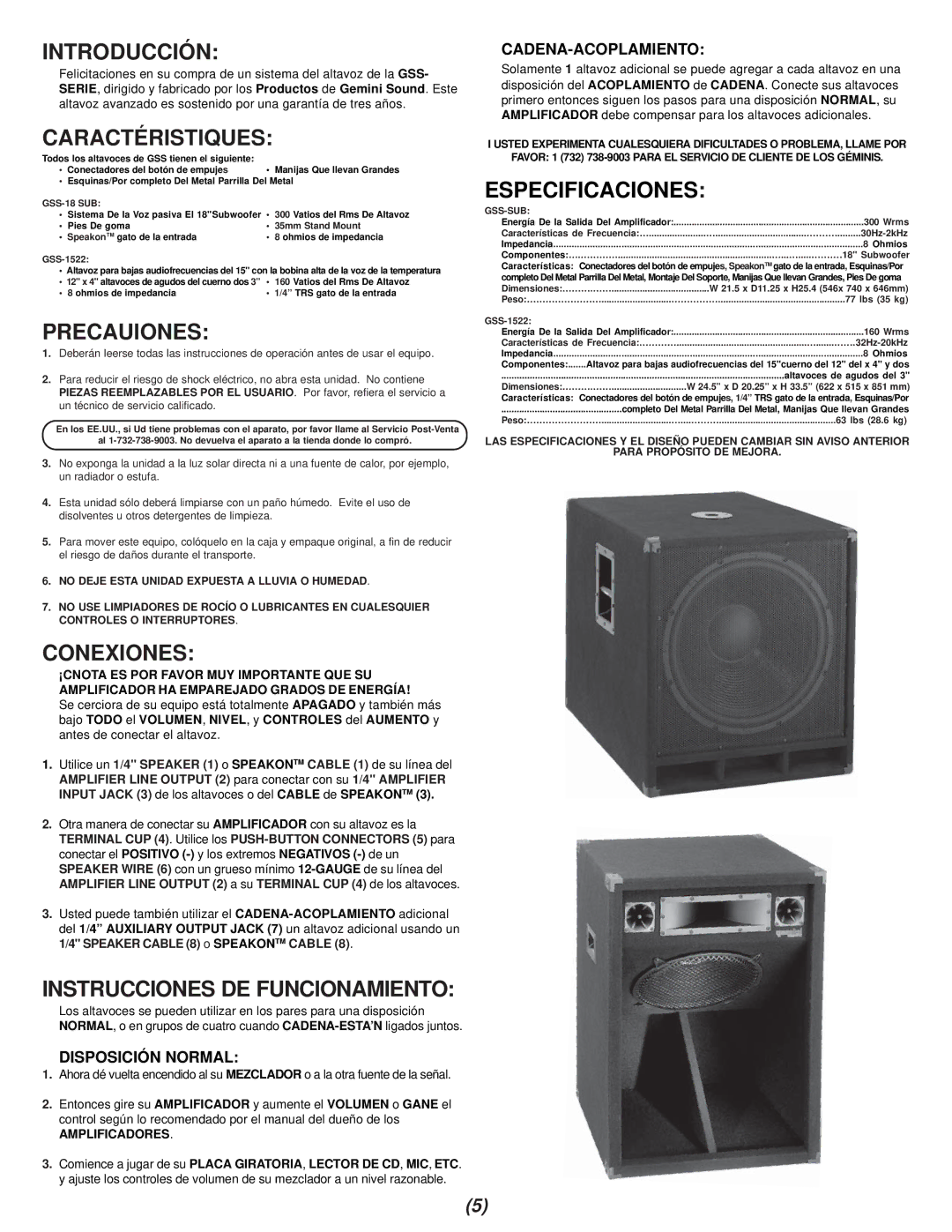 Gemini GSS-1522, GSS-18 manual Introducción, Caractéristiques, Precauiones, Conexiones, Instrucciones DE Funcionamiento 