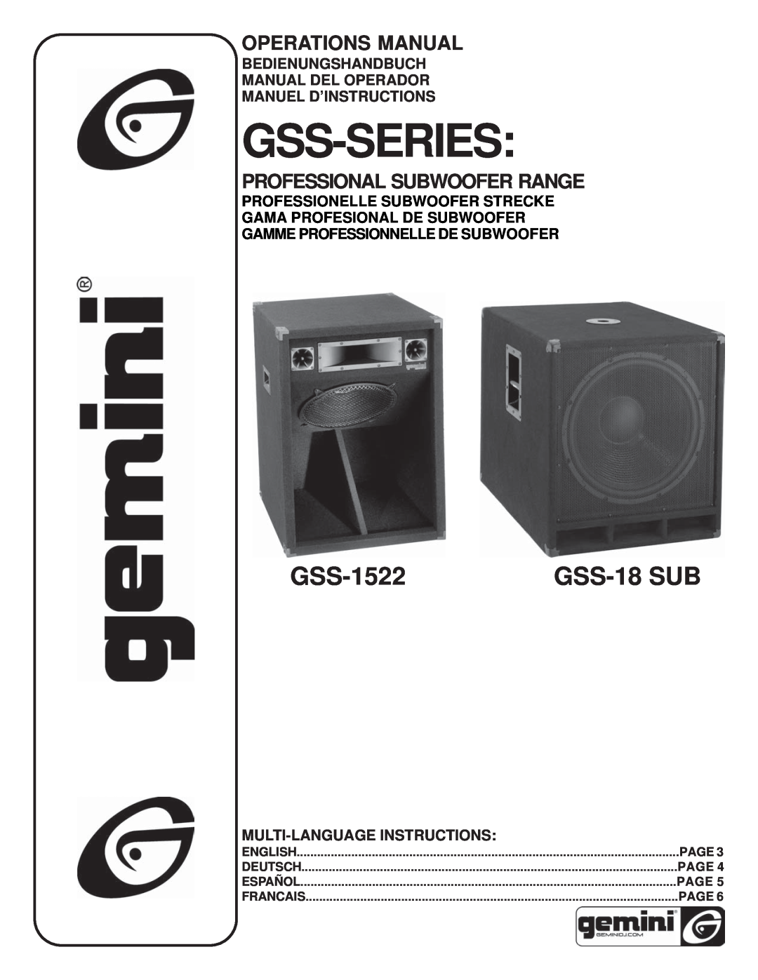Gemini GSS-1522 manual Gss-Series, GSS-18SUB, Operations Manual, Professional Subwoofer Range, Page, English, Deutsch 