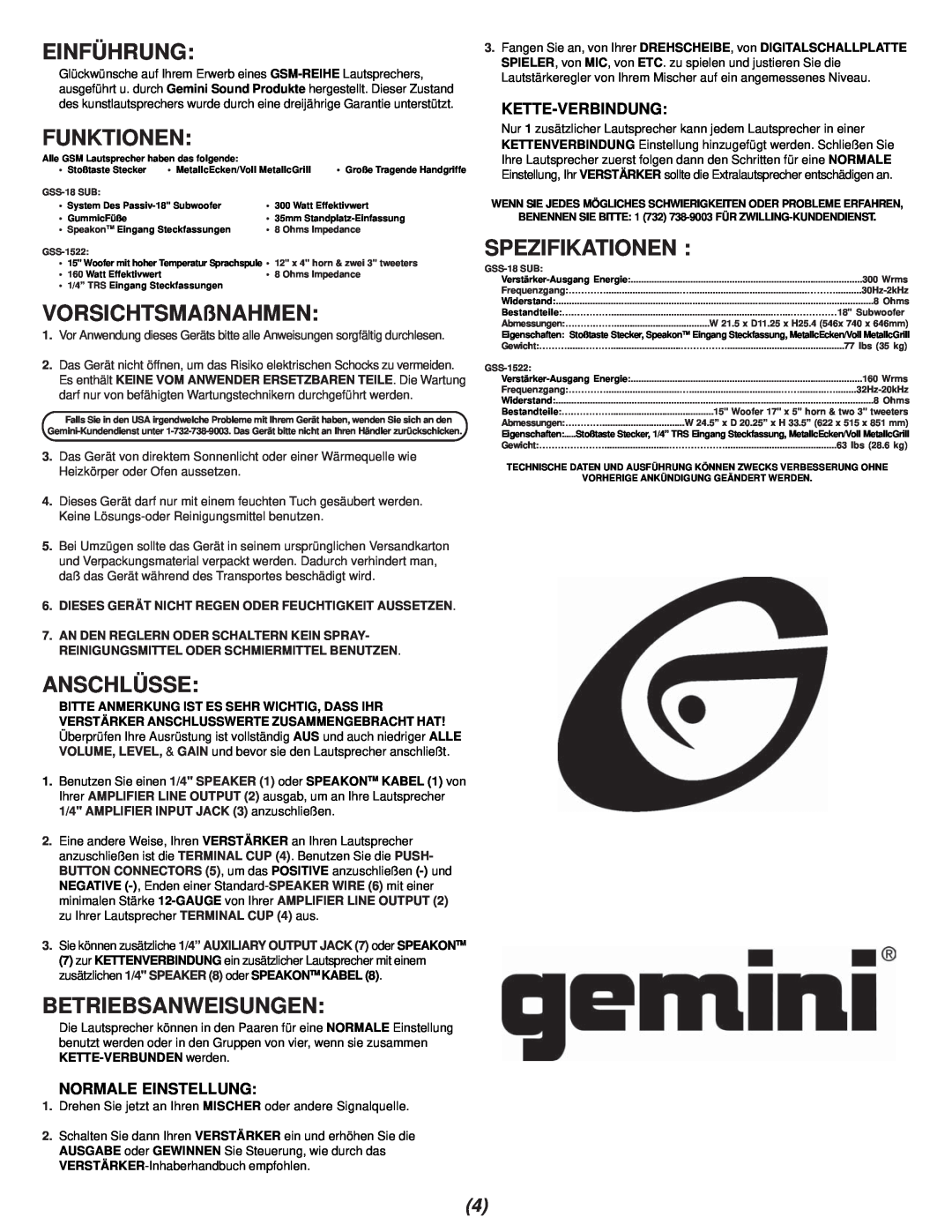 Gemini GSS-18, GSS-1522 manual Einführung, Funktionen, VORSICHTSMAßNAHMEN, Anschlüsse, Betriebsanweisungen, Spezifikationen 
