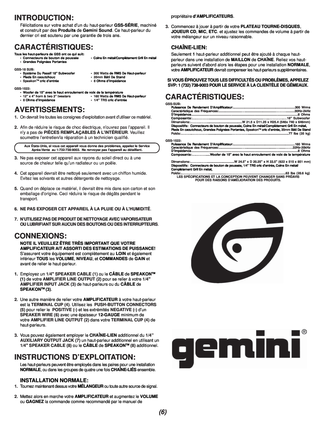 Gemini GSS-18 manual Avertissements, Connexions, Instructions D’Exploitation, Introduction, Caractéristiques, Chaîne-Lien 