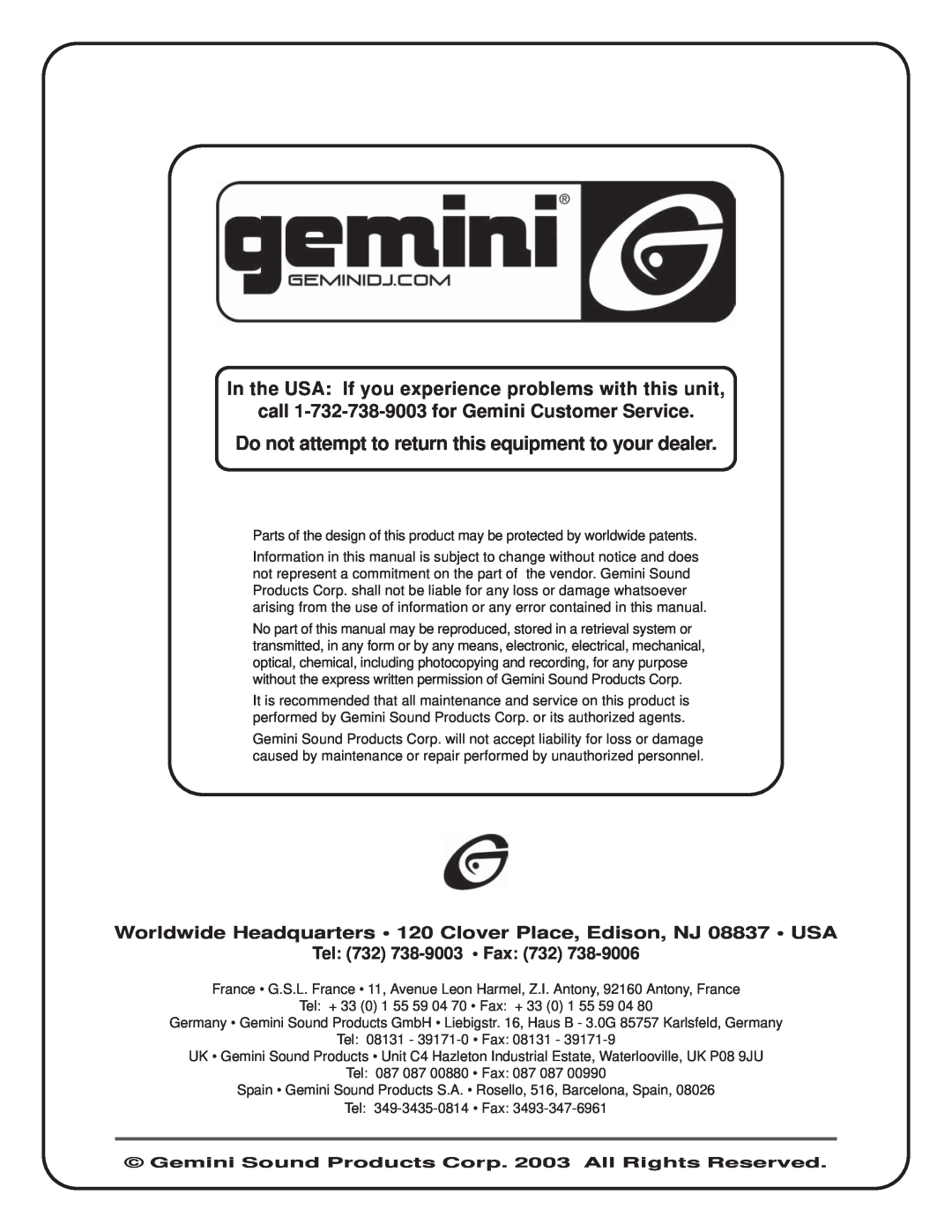 Gemini GSS-18, GSS-1522 manual call 1-732-738-9003for Gemini Customer Service, Tel 732 738-9003 Fax 