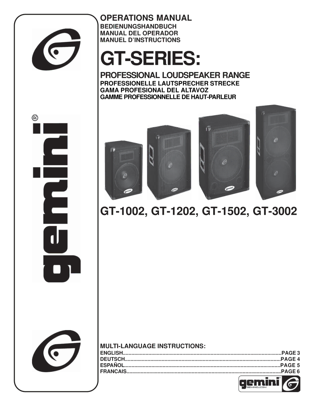 Gemini GT-1502, GT-1002, GT3002, GT-1202 manual Operations Manual, Professional Loudspeaker Range 