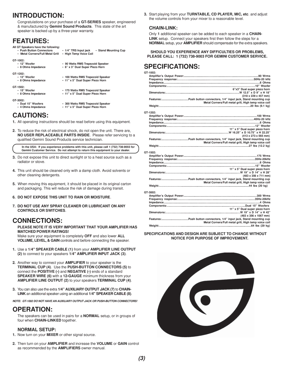 Gemini GT-1202, GT-1002, GT-1502, GT3002 manual Introduction, Features, Connections, Operation, Specifications 