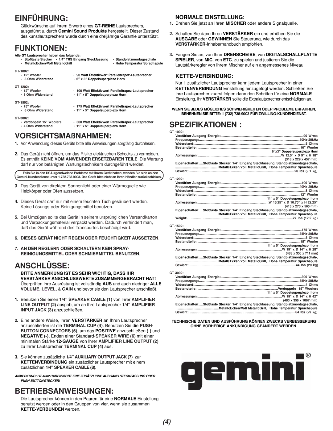 Gemini GT-1002, GT-1502, GT3002, GT-1202 manual Einführung, Funktionen, Anschlüsse, Betriebsanweisungen, Spezifikationen 