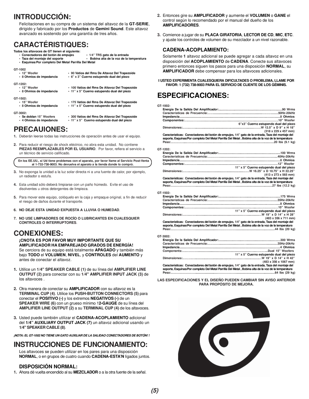 Gemini GT-1502, GT-1002, GT3002 Introducción, Caractéristiques, Precauiones, Conexiones, Instrucciones DE Funcionamiento 