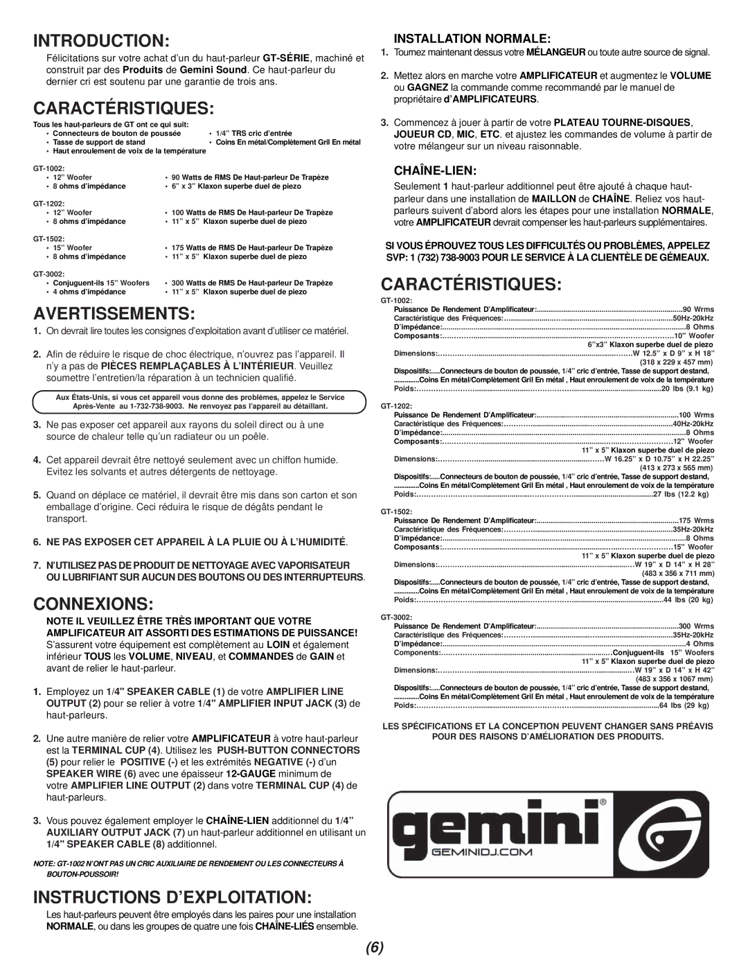 Gemini GT3002, GT-1002, GT-1502 Avertissements, Connexions, Instructions D’EXPLOITATION, Installation Normale, Chaîne-Lien 