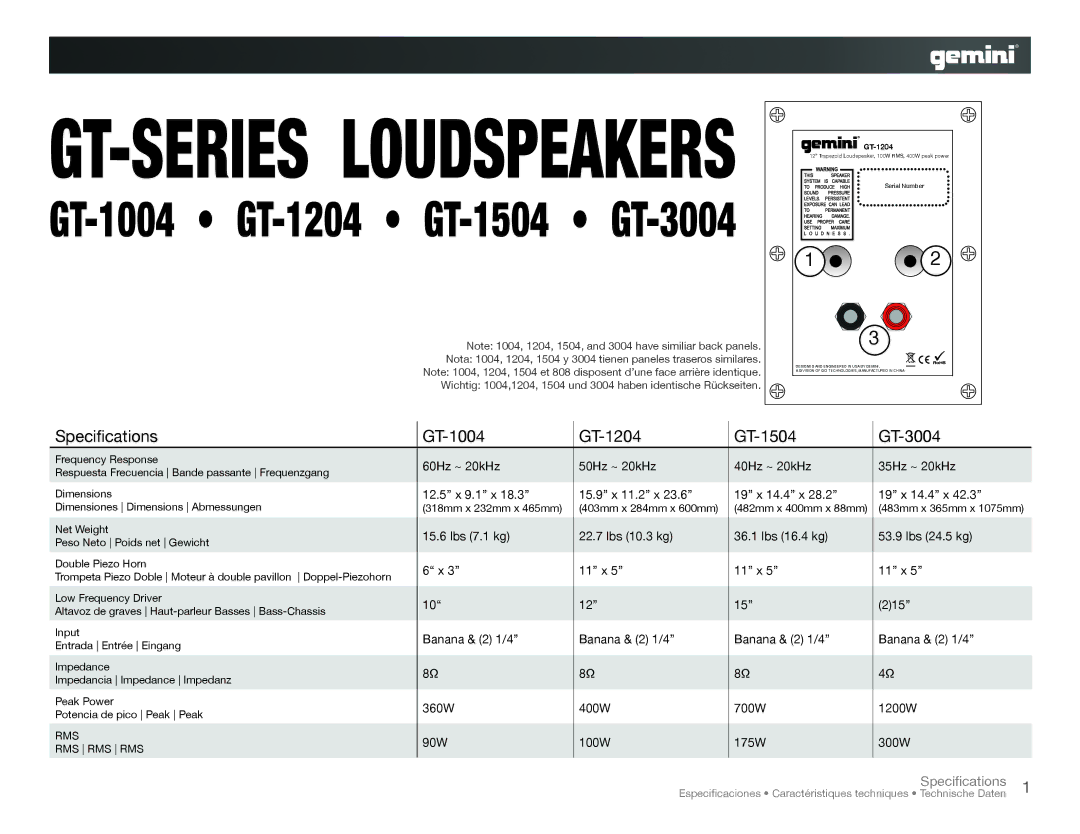 Gemini GT-1004, GT-1504, GT-3004, GT-1204 dimensions Specifications, Rms Rms Rms 