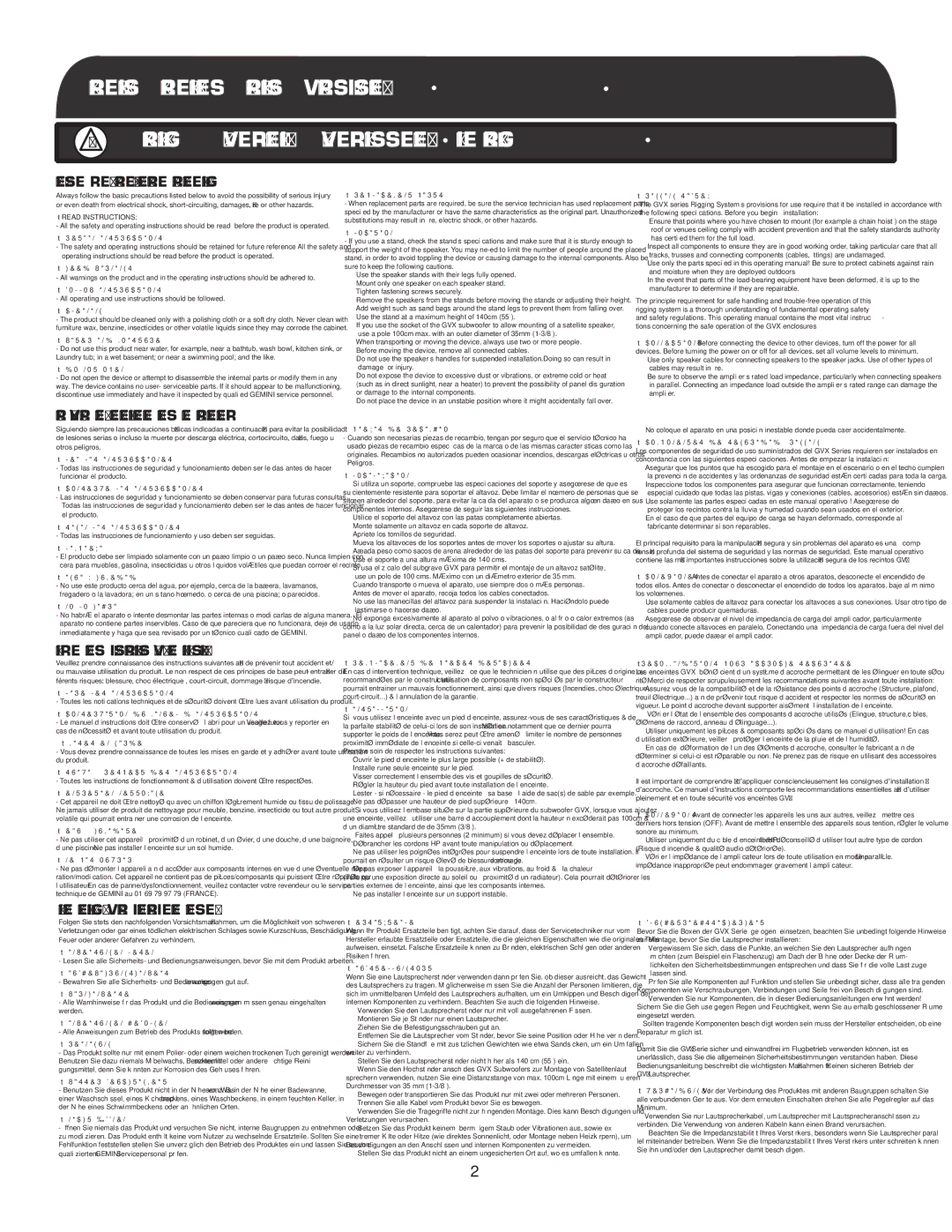 Gemini GVX-215, GVX-15, GVX-12 manual Precautions Precauciones Précautions VORSICHTSMAßNAHMEN 