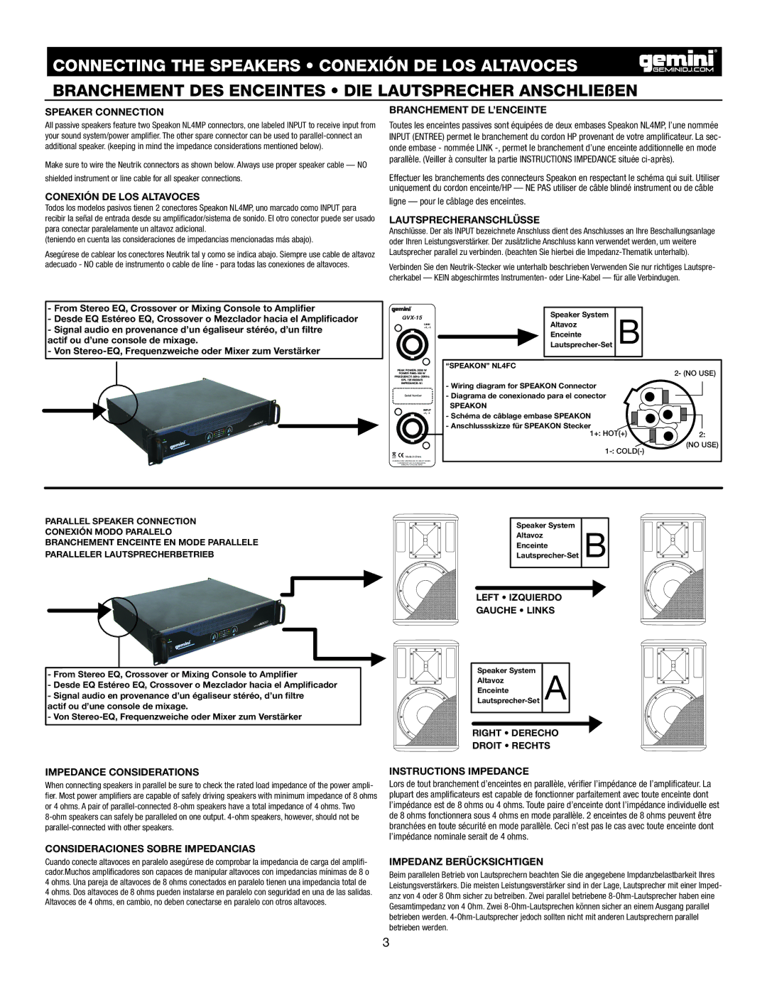 Gemini GVX-15, GVX-12 Speaker Connection, Conexión DE LOS Altavoces, Branchement DE L’ENCEINTE, Lautsprecheranschlüsse 