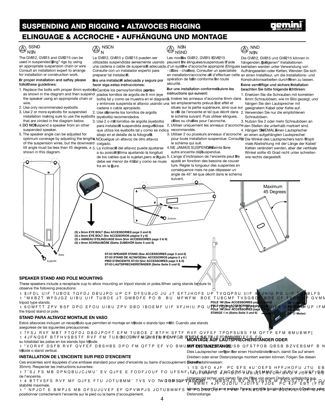 Gemini GVX-12, GVX-15, GVX-215 manual Speaker Stand and Pole Mounting, Stand Para Altavoz Montaje EN Vaso 