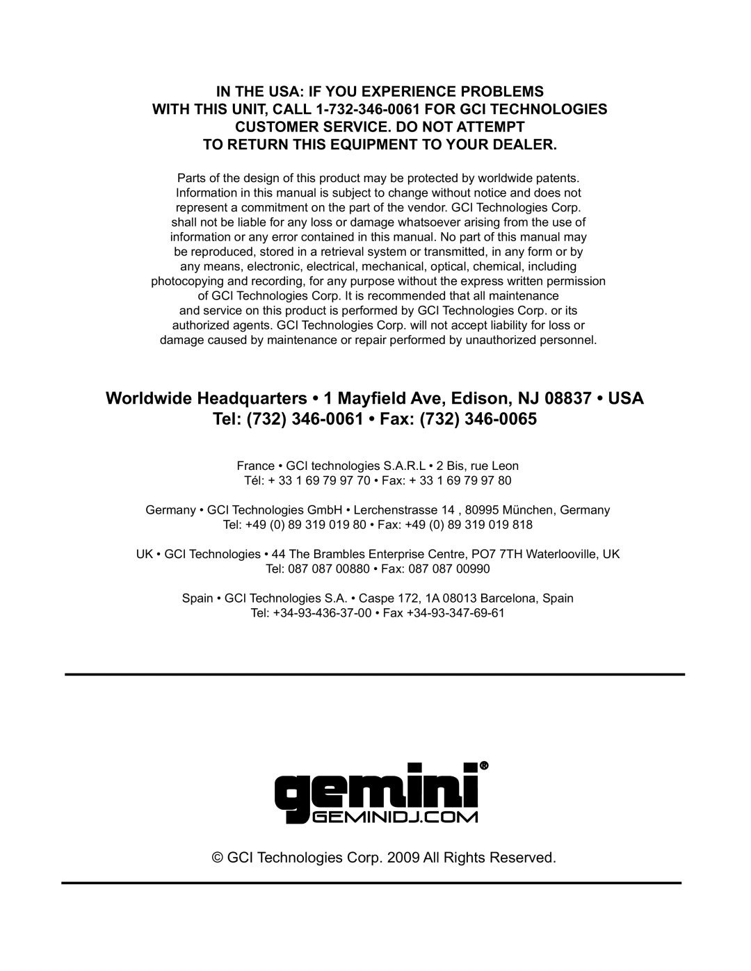 Gemini GVX-15, GVX-12, GVX-215 manual GCI Technologies Corp All Rights Reserved 