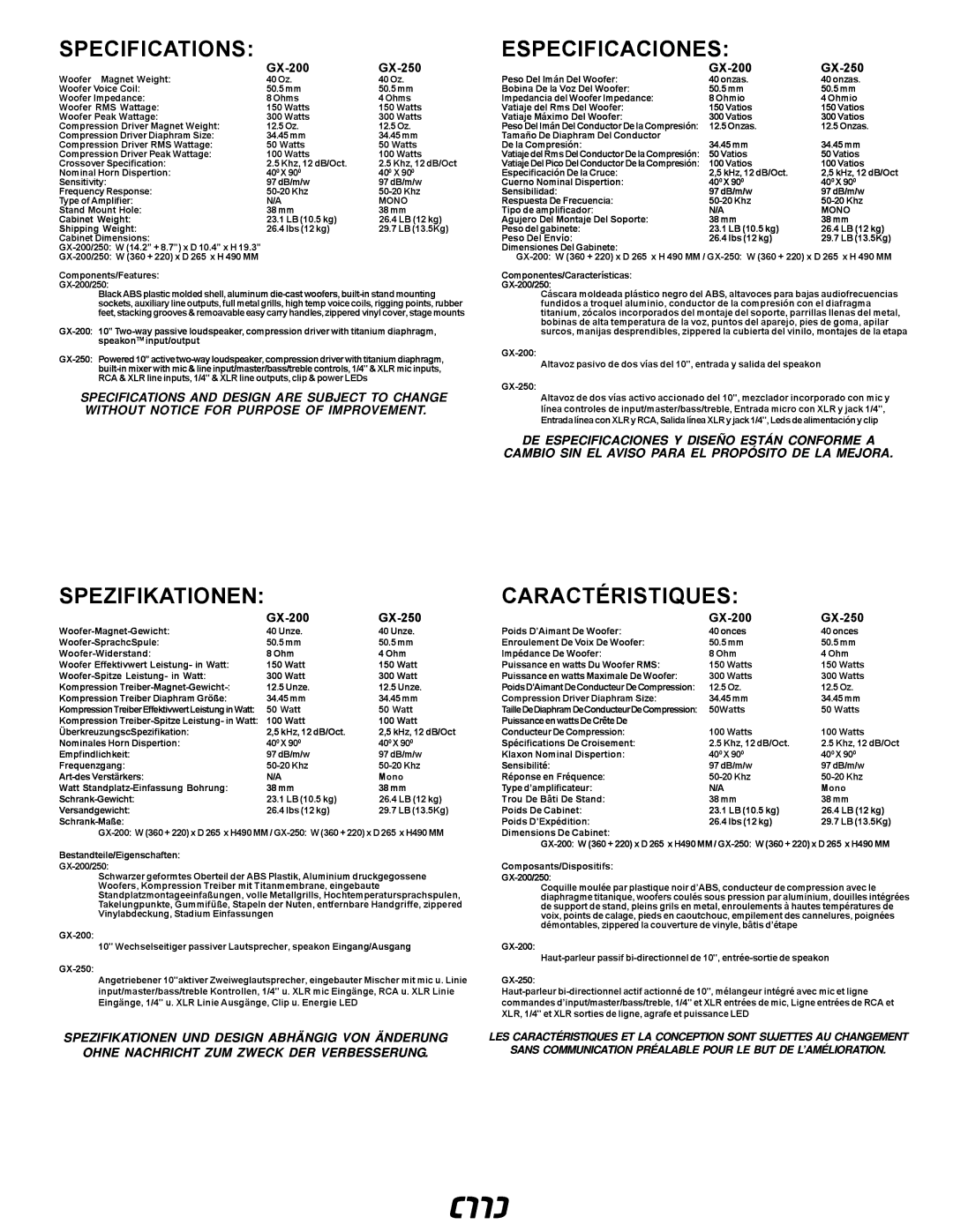 Gemini manual Specifications Especificaciones, GX-200 GX-250 