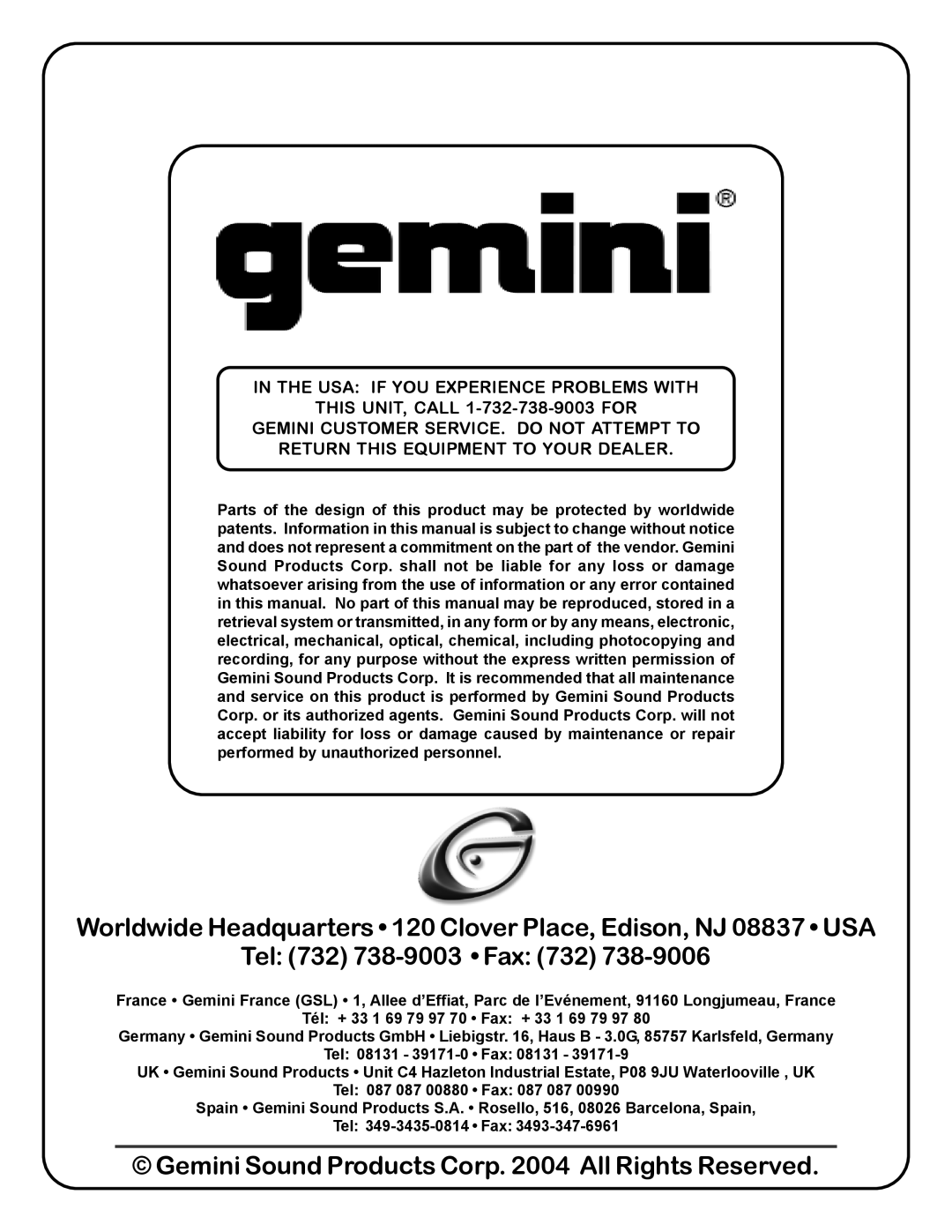 Gemini GX-200, GX-250 manual Gemini Sound Products Corp All Rights Reserved 