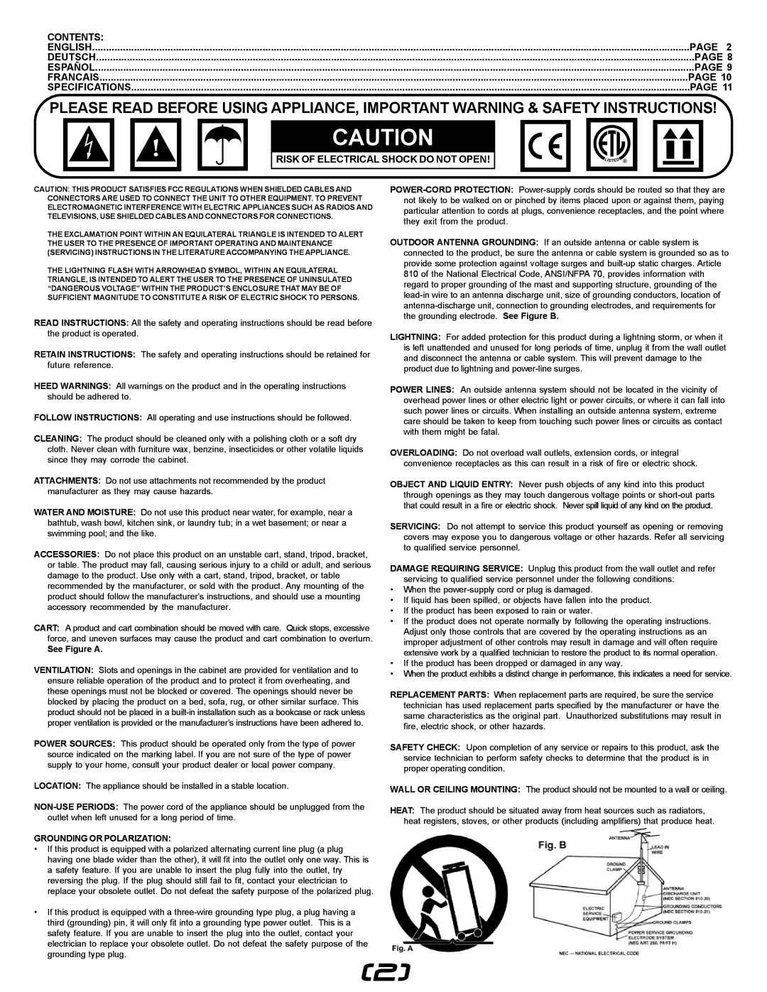 Gemini GX-200, GX-250 manual English, Risk of Electrical Shock do not Open 