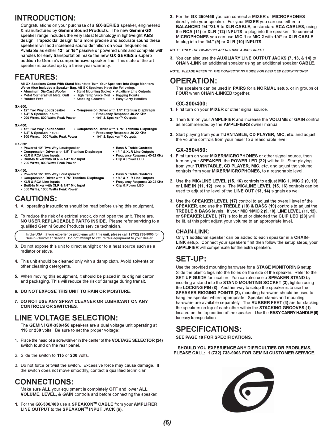 Gemini GX-300 specifications Introduction, Features, Line Voltage Selection, Connections, Operation, Set-Up, Specifications 